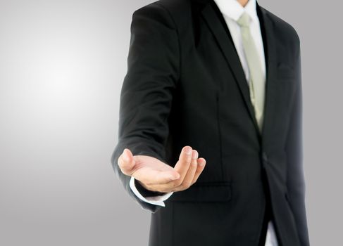 Businessman standing posture show hand isolated on over gray background
