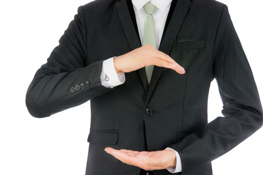 Businessman standing posture show hand isolated on over white background