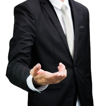 Businessman standing posture show hand isolated on over white background