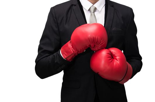 Businessman standing posture in boxing gloves isolated on over white background