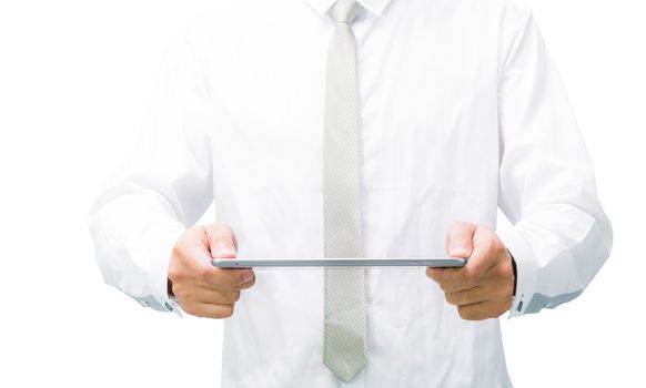 Businessman standing posture hand holding blank tablet isolated on over white background