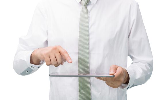 Businessman standing posture hand holding blank tablet isolated on over white background