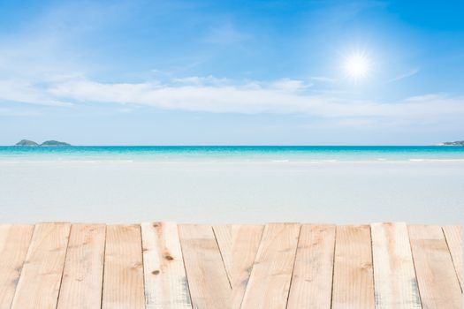 Beauty holiday wood terrace on beach blue sky