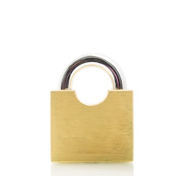 Metal padlock gold isolate on over white background