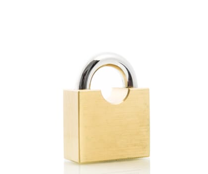 Metal padlock gold isolate on over white background