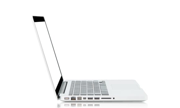 White Laptop with blank screen on gray background