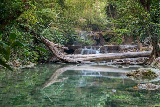 Waterfall erawan with rock Kanchanaburi of Thailand