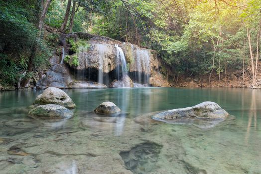 Waterfall erawan with rock Kanchanaburi of Thailand