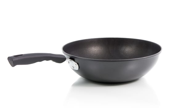 Closeup black frying pan isolated on over white background
