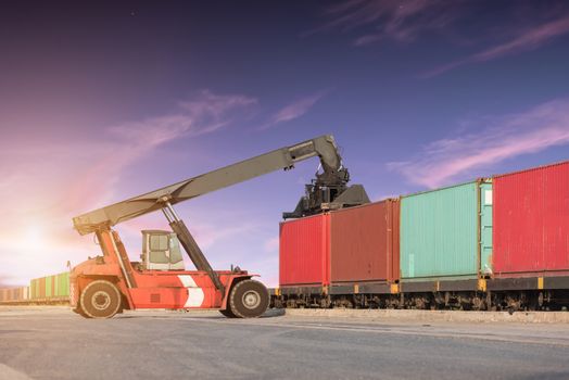 Forklift handling container box loading at the Docks with Truck