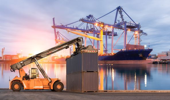 Forklift handling container box loading at port cargo