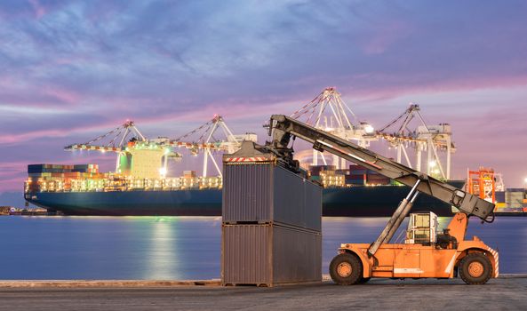 Forklift handling container box loading at port cargo