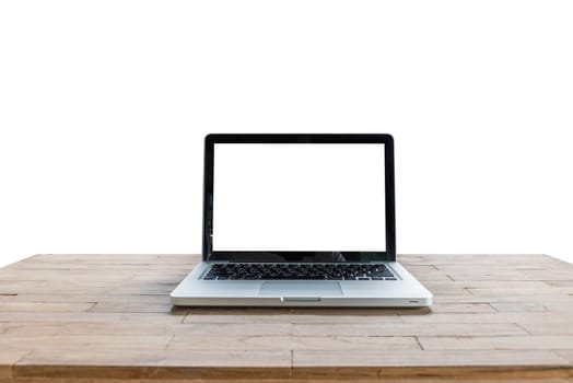 Laptop on desk table isolated on white background
