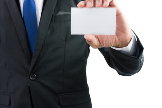 Businessman hand showing business card or note paper isolate on over white background