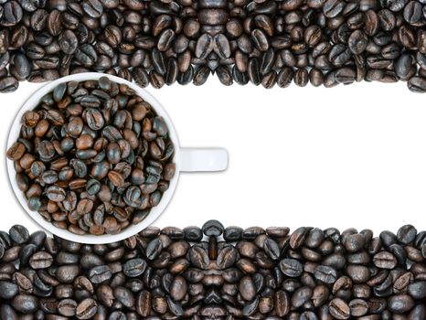 white coffee cup mug and beans on over white background
