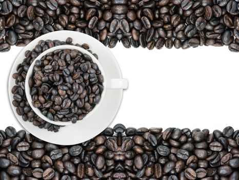 Coffee cup mug and beans on white backgroundwhite