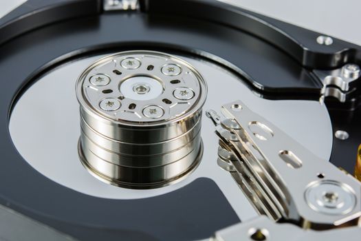 close up of a hard disk inside