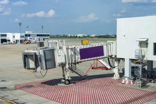 Cabin of plane with gate way passengers arrive on airport