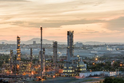 Oil Refinery factory in the morning and Sunrise, Petroleum, petrochemical plant