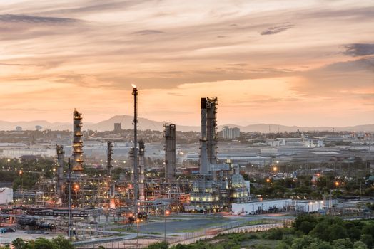 Oil Refinery factory in the morning and Sunrise, Petroleum, petrochemical plant
