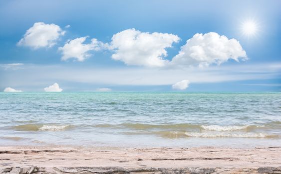 Beach Scene With Wooden Floor background can put or montage your products