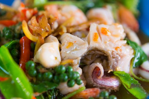 Thailand fried herbal vegetables with mix seafood