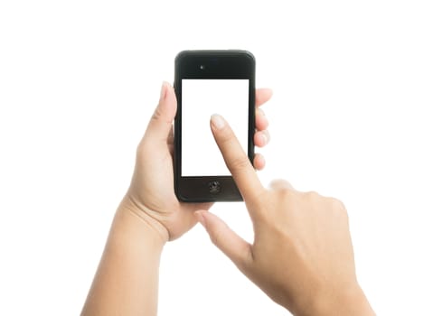 Woman hand holding black smart phone with blank screen, isolated on over white background