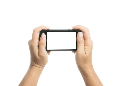 Woman hand holding black smart phone with blank screen, isolated on over white background