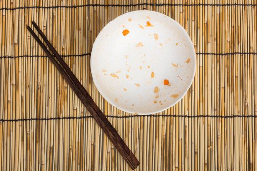 Empty Dirty bowl after food on table with wooden background