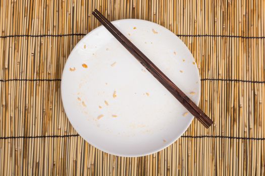 Empty Dirty bowl after food on table with wooden background
