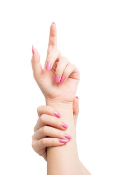 Woman Hands gestures on over white background