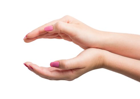 Woman Hands gestures on over white background