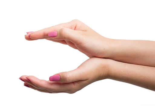 Woman Hands gestures on over white background