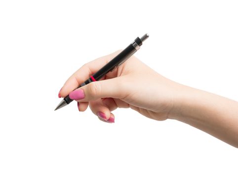 Hand holding black pen isolated on over white background