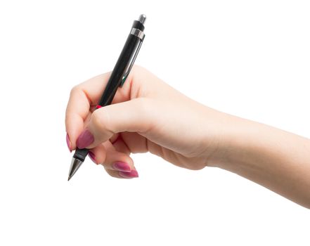 Hand holding black pen isolated on over white background