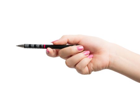 Hand holding black pen isolated on over white background