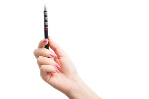 Hand holding black pen isolated on over white background