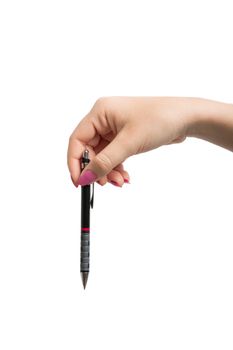Hand holding black pen isolated on over white background