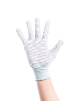 Show Hands five finger with cotton gloves isolate on white background