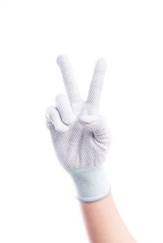 Show Hands two finger with cotton gloves isolate on white background