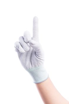 Show Hands one finger with cotton gloves isolate on white background