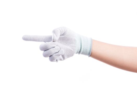 Hand wearing worker glove pointing. Make hand like number one or point.