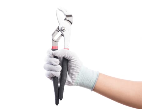 Hand gloves holding pliers. Isolated on white background