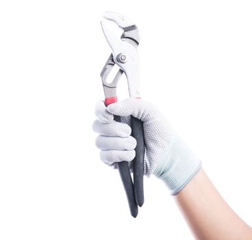 Hand gloves holding pliers. Isolated on white background