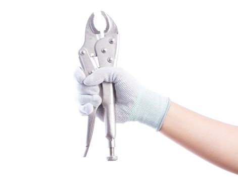 Hand gloves holding pliers. Isolated on white background