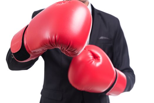 Businessman standing posture with boxing gloves isolated on over white background