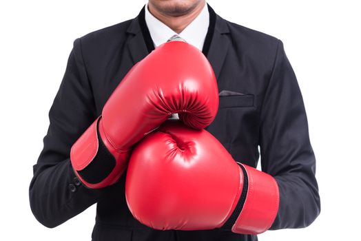 Businessman standing posture with boxing gloves isolated on over white background