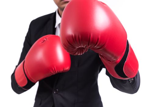 Businessman standing posture with boxing gloves isolated on white background