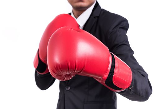 Businessman standing posture with boxing gloves isolated on white background