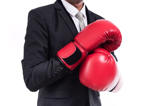 Businessman standing posture with boxing gloves isolated on white background